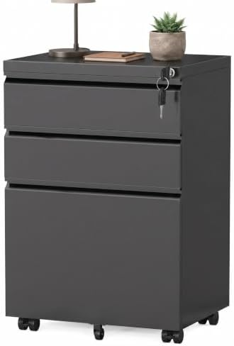 3 Drawer Mobile File Cabinet with Lock, Under Desk Metal Filing Cabinet for Letter/Legal/A4 Size, Fully Assembled Except Casters, Rolling Office Organizer for Home Office, Black