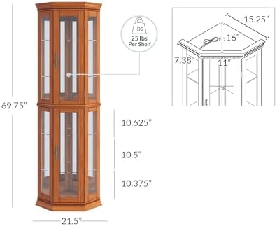 BELLEZE Lighted Wooden Corner Display Curio Cabinet, Two Section Shelving Unit with Tempered Glass Door