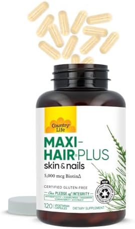 Country Life Maxi-Hair Plus 5,000 mcg Biotin, 120 Capsules | 1,200 mg Maxi Blend with MSM, L-methionine, L-cysteine and horsetail extract; 30 servings