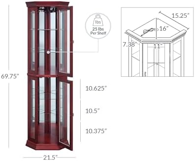 BELLEZE Lighted Wooden Corner Display Curio Cabinet, Two Section Shelving Unit with Tempered Glass Door