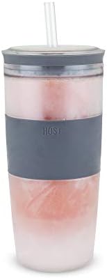 HOST Double Wall Insulated Freezable Drink Chilling Tumbler with Freezing Gel Glasses for Red and White Wine, Straw and Lid, Plastic, 16 oz, Grey