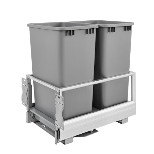 Rev-A-Shelf Double 50 Qt Pull Out Trash Can w/Soft-Close for Base Kitchen Cabinets, Min Opening Width of 15.75", Silver, 5149-2150DM-217