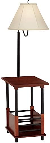 Regency Hill Marville 55" Tall Mission Style Floor Lamp with End Table | Rustic Farmhouse Wood Open Crate Swing Arm Adjustable Off White Empire