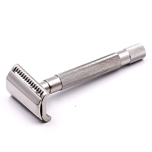 Parker Semi-Slant Safety Razor – Satin Chrome Finish | Smooth, Efficient Double Edge Wet Shaver for Men | Slanted Cutting Action + 5 Platinum Blades Included | Iconic Brand