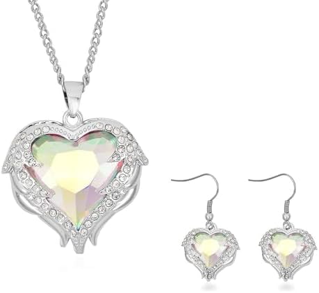 Mystic Color Glass Crystal Heart Pendant Necklace 24-26"Earrings