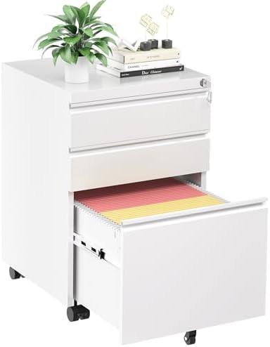 3 Drawer Filing Cabinet with Lock, White Mobile File Cabinet with Wheels, Rolling Small Metal Cabinets Under Desk for Home Office, Assembled