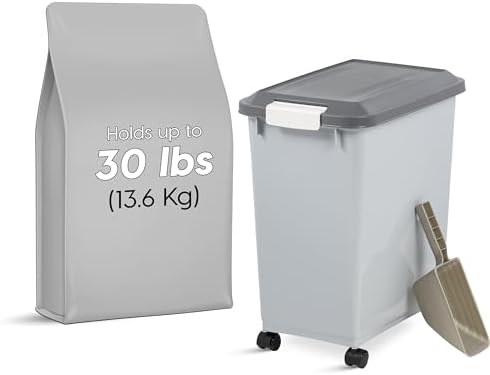 IRIS USA Dog Food Storage Container, Up to 30 lbs, Navy/Pearl, Made in USA | Wheels for Mobility, Airtight Seal, BPA-Free, Best for Bird Seed, Cat food, Cat Litter, Chicken Feed, Pellets