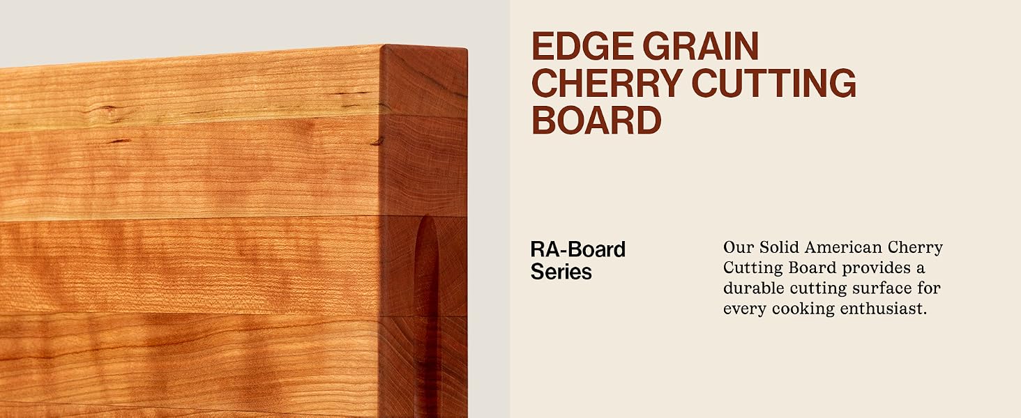 Cherry cutting board edge from the RA-Board series. Text Reads: Edge Grain Cherry Cutting Board.