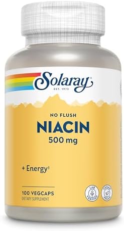 SOLARAY No Flush Niacin 500mg, Flush-Free Vitamin B3 Niacin, Energy and Circulatory System Support, Vegan, Lab Verified, 100 Servings, 100 VegCaps
