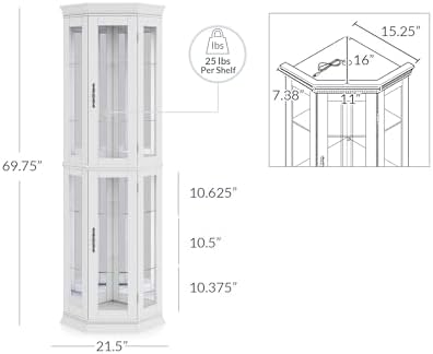 BELLEZE Lighted Wooden Corner Display Curio Cabinet, Two Section Shelving Unit with Tempered Glass Door