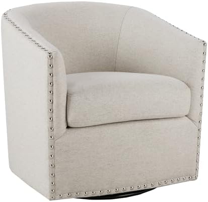 Madison Park Swivel Barrel Accent Chair, Upholstered Curved Back with 7-Inch Thick Woven Cushion, 360° Swivel, Nailhead Trim, Comfy Chair for Living Room, Bedroom, Office, 28" Wide, Neutral, Tyler