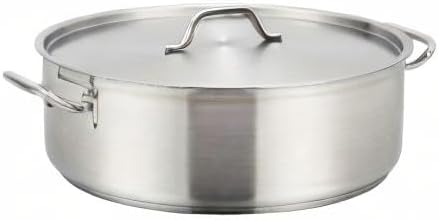 Winco 15 qt Stainless Steel Brazier Pan with Lid | Flat bottom, Wide base, Riveted handles, Induction safe, Great for Braising, Simmering, Batch Cooking and Restaurant Kitchens
