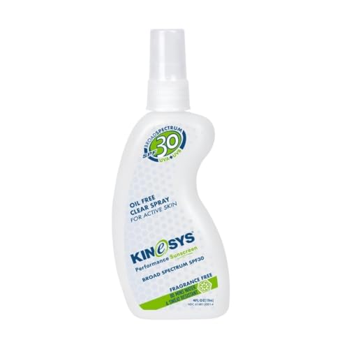 KINeSYS Fragrance Free Clear Spray Sunscreen for sensitive skin, SPF 50, Hypoallergenic, Broad Spectrum UVA/UVB protection for Face & Body; PABA and Oxybenzone FREE, 700+ Sprays, 4 Fl Oz/120 mL
