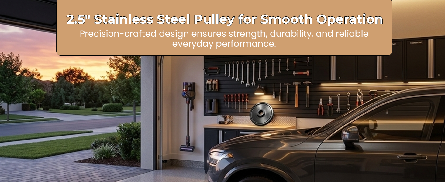 Stainless steel 2.5-inch pulley installed in a garage setup for smooth everyday door operation