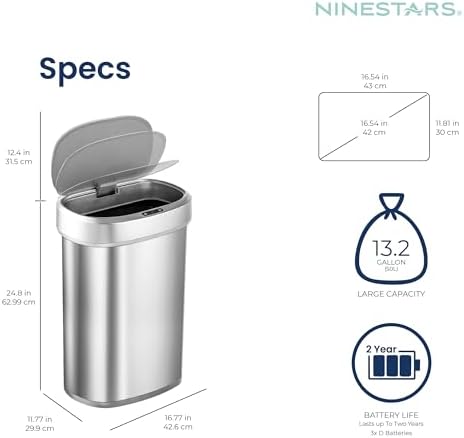 Ninestars 13 Gallon Oval Automatic Trash Can, 50L Touchless Motion Sensor Kitchen Garbage Can with Odor-Sealing Lid, Silver Stainless Steel