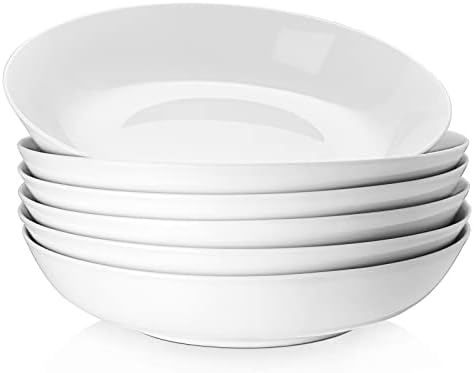 Y YHY 9" Pasta Bowls, 40oz Large Salad Bowls Set of 6, Wide Shallow Ceramic Bowls for Serving Soup, White Dinner Plates Set for Kitchen