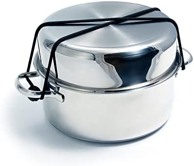 Camco 7 Piece Stainless Steel Cookware Nesting Pots and Pans Set w/Lids, Detachable Handles & Storage Strap for Camping, Tailgating, and RV