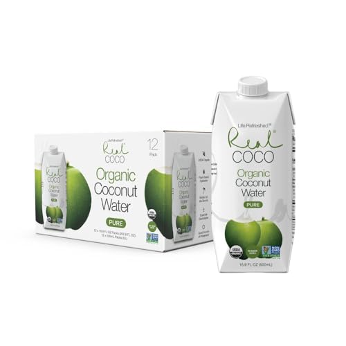 Real Coco Organic Pure Coconut Water (6-Pack 1L), USDA Organic, No Added Sugar, Plant Based, Packed with Electrolytes, Vegan