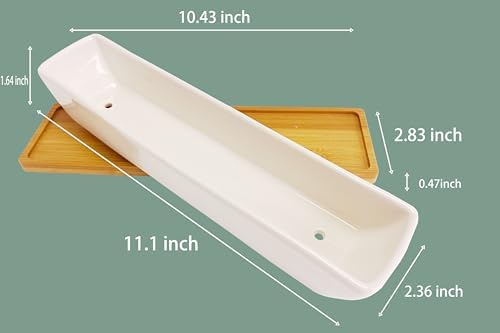 11.1 inch Long Rectangle White Ceramic Succulent Planter Pots/Mini Flower Plant Containers with Bamboo Saucers Plant Window Boxes for Office/Home