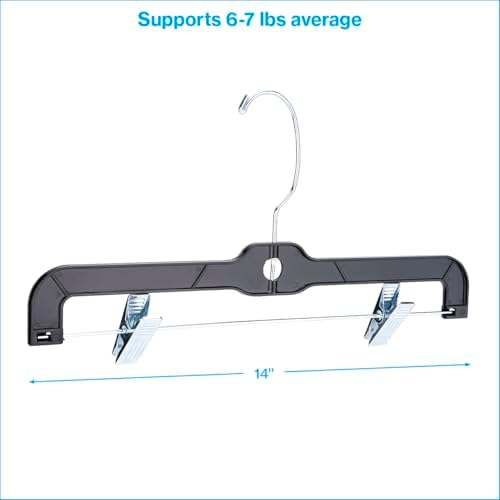 14-Inch Black Plastic Skirt and Pants Hangers - Pack of 20 with Chrome Swivel Hook, Padded Clips - Perfect for Retail and Home Use