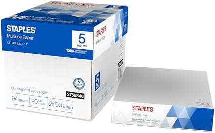 Staples Multipurpose Copy Paper, 8.5x11, 20lb, 94 Bright, 10 Reams/Carton | 5,000 white sheets total. Smooth finish reduces jams in copiers, laser & inkjet printers.