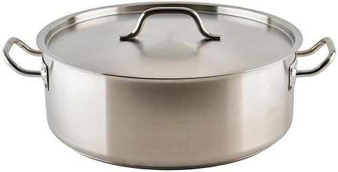 Winco 15 qt Stainless Steel Brazier Pan with Lid | Flat bottom, Wide base, Riveted handles, Induction safe, Great for Braising, Simmering, Batch Cooking and Restaurant Kitchens