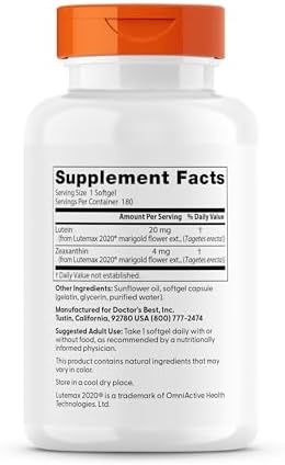 Doctor's Best Lutein Supplement 20mg with Zeaxanthin - Lutein for Eyes, Eye Health Vitamins for Men & Women, Vision and Macular Health Support, Lutemax 2020 Marigold Flower Extract - 180 Softgels
