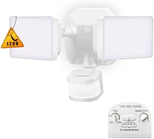 Dusk-to-Dawn Security Lights with Motion Sensor, 5000K IP65 Waterproof Outdoor, 280W Equiv. 110V 120V Dual-Head Rotatable LED Flood Light for Porch, Garage, Yard, Driveway