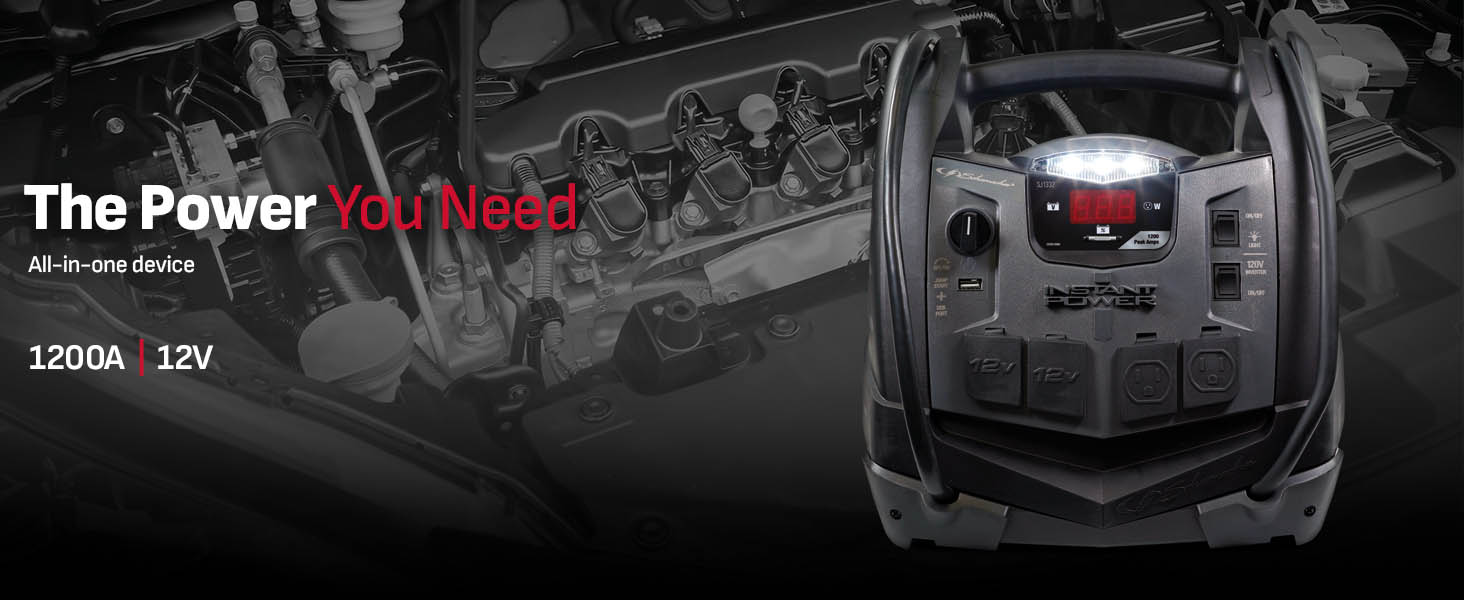 Car battery jump starter and portable power station delivers 1200 amps to start most automobiles.