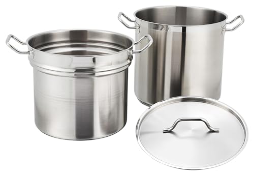 Winco 8 qt Stainless Steel Double Boiler with Cover | Gentle heat prevents scorching, Secure riveted handles, Induction compatible