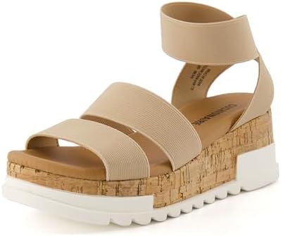 CUSHIONAIRE Naomi Cork Wedge Sandals for Women – Soft Stretch Straps Comfortable Platform Sandals for Women with Memory Foam Insole