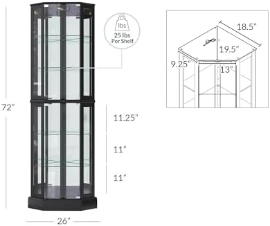 BELLEZE Lighted Corner Display Curio Cabinet Wooden Curved Shelving Unit with Tempered Glass Door