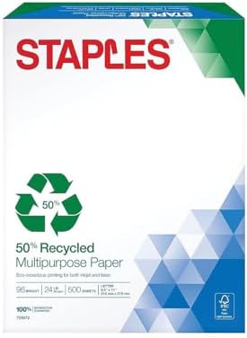 Staples 100% Recycled Printer Paper Bright White Copy/Fax/Laser/Inkjet, 500 Sheets