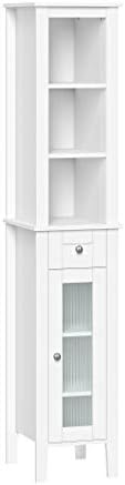 RiverRidge Prescott Tall Slim Bathroom Linen Storage Cabinet, White | Versatile Narrow Organizer with Reeded Glass Door, Open Display