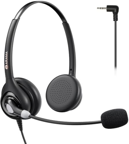 Arama Cordless Phone Headset with Microphone, 2.5mm Jack Telephone Headset for Office Landline, Noise-Cancelling Mic & Volume Control, Wired Headphones Compatible with Panasonic AT&T Vtech Uniden
