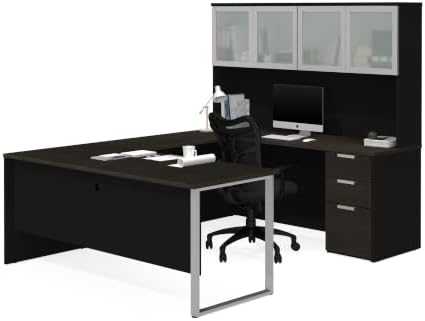 Bestar Pro-Concept Plus U-Shaped Executive Desk with Pedestal and Frosted Glass Doors Hutch