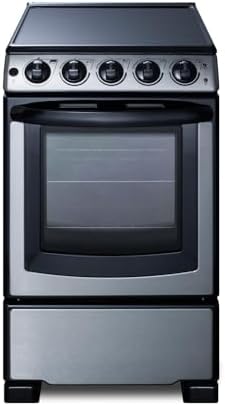 Summit 20” Electric Range, Stainless Steel and Black- REX2071SSRT | 2.3 cu.ft. Capacity Oven, Smooth Glass CookTop, 4 Burner Range, 220VOLT