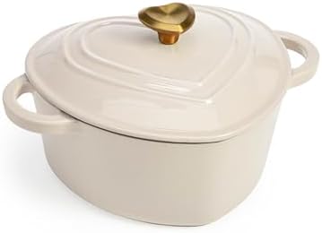 Paris Hilton Enameled Cast Iron Dutch Oven Pot with Lid, Heart-Shaped Dutch Oven, Durable Cast Iron Pot with Dual Handles, Oven Safe to 500°F, Works on All Stovetops, 2-Quart, Cream