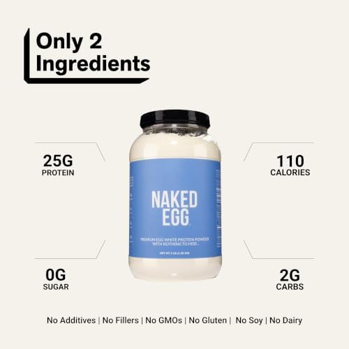 Naked 3LB Non-GMO Egg White Protein Supplement Powder, Unflavored, No Additives, Paleo, Dairy Free, Gluten Free, Soy Free – 25g Protein, 44 Servings