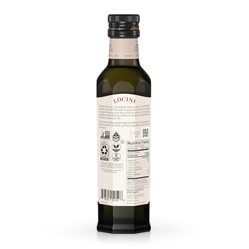 Lucini Italia Delicate Lemon Extra Virgin Olive Oil - EVOO Infused with Fresh Lemon - Olive Oil for Marinade, Grilling, Roasting, Baking - Non-GMO Verified, Whole30 Approved, Kosher, 250mL