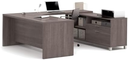 Bestar Pro-Linea 72W U-Shaped Executive Desk in Bark Grey | With Desk Shell, Credenza, Desk Bridge; for home or professional office use; 1 file drawer, 1 box drawer; Wood construction
