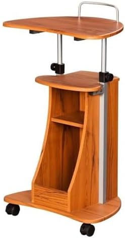 Pemberly Row Sit-to-Stand Rolling Laptop Cart, Adjustable Height 28-46 in, Wood Grain Finish MDF Panels, Open Storage with Accessory Shelf