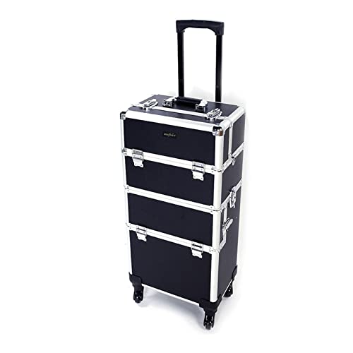 mefeir 3 in 1 Rolling Makeup Train Case, Aluminum Makeup Travel Organizer Cosmetic Case, Cosmetology Display Suitcase on Wheels, Beauty Storage Luggage Lockable w/4 Removable Wheels, Black