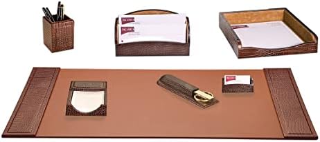 Dacasso Brown Crocodile Embossed Leather Desk Set, 7-Piece