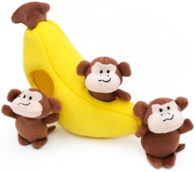 ZippyPaws Burrow Hide & Seek Plush Puzzles - Monkey 'n Banana | Interactive Dog & Puppy Toys for Boredom, Stimulating Pet Products to Keep them Busy, Squeaky Toy for Enrichment