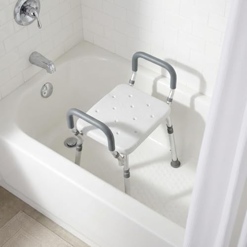 NOVA Adjustable Shower Bench with Padded Arms – Lightweight, Skid-Resistant Tips, White Plastic Seat with Drainage Holes