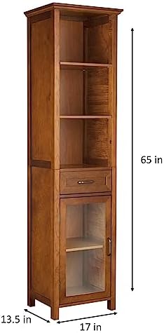 Teamson Home Avery Wooden Bathroom Linen Tower Cabinet with 1 Drawer 3 Adjustable Interior Shelves and 6 Storage Spaces, Oiled Oak
