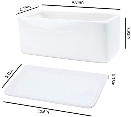 10 inch Rectangular White Ceramic Planter Pot Succulent Cactus Herb Flower Container Window Box Saucer Removable Drip Tray Base Drain Holes Home