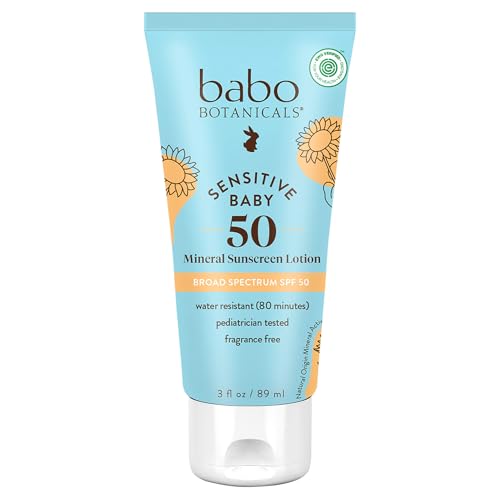 Babo Botanicals Sensitive Baby Mineral Sunscreen Lotion SPF50 - Natural Zinc Oxide - Face & Body - Fragrance-Free - Water-Resistant - EWG Verified