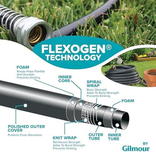 Gilmour Flexogen 5/8 in x 50 ft Garden Hose, Heavy Duty Water Hose, Flexible and Kink Resistant Outdoor Hose, Gray | 8-layer heavy duty build